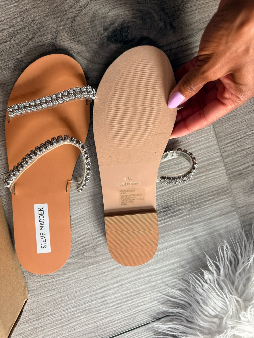 Steve Madden Tan Slide Sandals with Rhinestone Straps - Picture 2 of 7